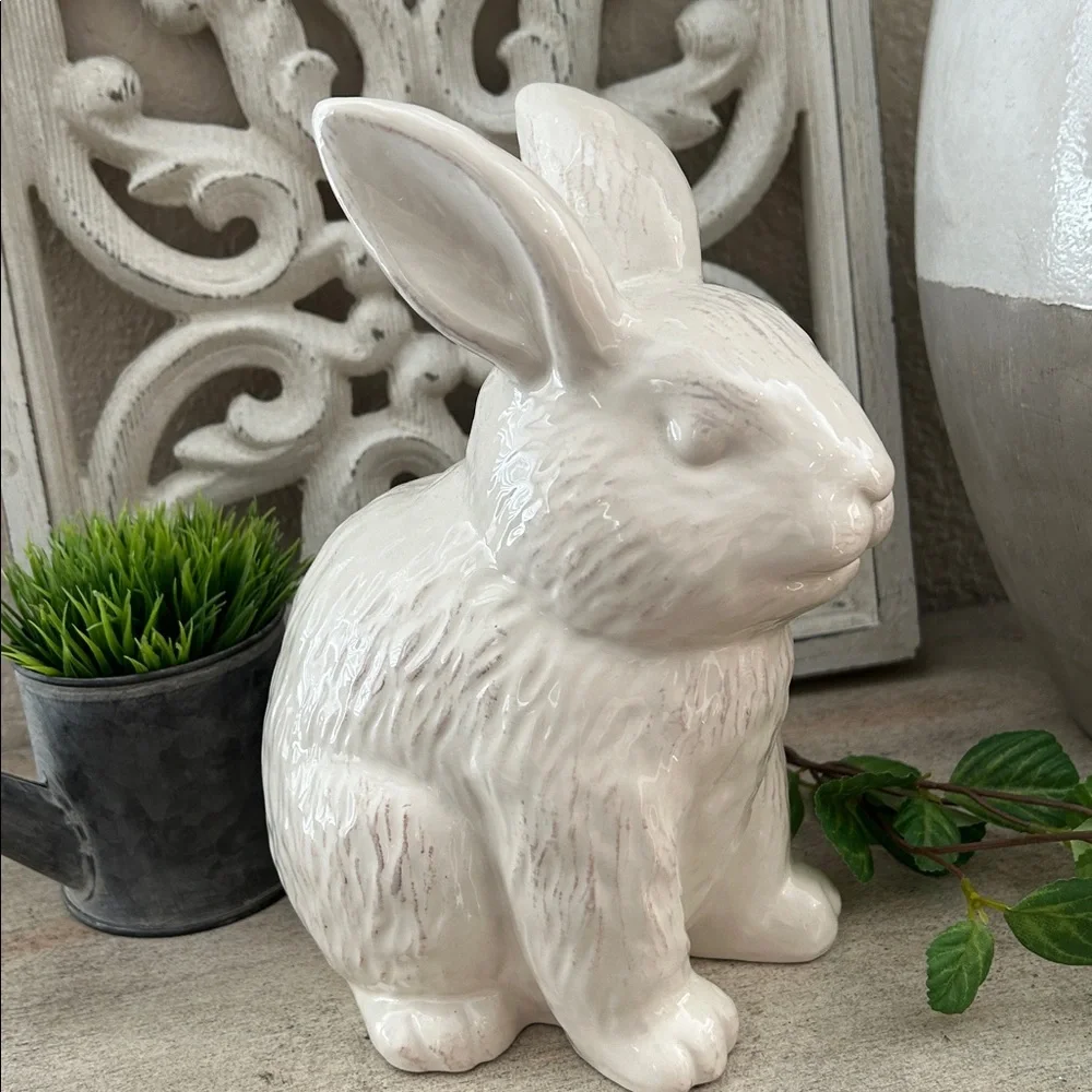 Farmhouse Shabby Chic Cottage Easter Creamy White Ceramic Bunny Figurine decor